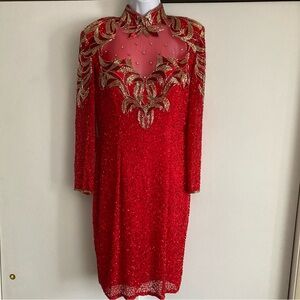 Vintage 80’s Black Tie (Oleg Cassini) Red Silk Beaded Open Back Dress, Sz 12
